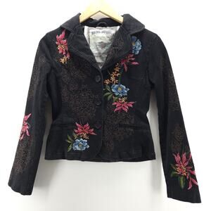 DB Sport Jacket Womens Small Black Embroidered Floral Boho Fitted Blazer Cotton